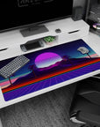 Large 40x20 inches desk pad featuring Neon Oasis Dusk, blending serene nature with bold neon hues of violet and pink for a tranquil yet vibrant vibe.