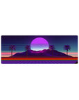 Compact 32x12 inches mouse pad with Neon Oasis Dusk, blending serene nature with vibrant, retro-futuristic hues of violet and pink.