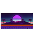 Mouse pad featuring Neon Oasis Dusk, 32x16 inches, with palm trees and a retro-futuristic sunset in calming violet and pink tones.