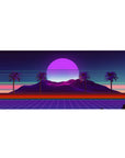 Desk pad featuring Neon Oasis Dusk, 36x16 inches, with silhouetted palm trees and a retro-futuristic sunset in calming violet and pink hues.