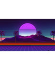 Desk pad featuring Neon Oasis Dusk, 40x20 inches, with palm trees silhouetted against vibrant violet and pink hues, blending nature and technology.