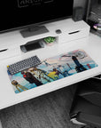 Soft-eyed anime girl in heavy brown parka on glossy ice with penguins and tiny drones, mouse pad 32x12 inches.