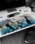 Soft-eyed anime girl in brown parka on glossy blue ice with penguins and drones, desk pad 40x20 inches.
