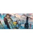 Arknights-inspired anime girl desk pad 36x16 inches with icy blue scene, penguins, and hovering drones.