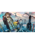 Arknights-inspired anime girl desk pad 40x20 inches with penguins, ice reflections, and hovering drones.