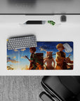28x12 inches mouse pad showcasing three brave warriors from Demon Slayer, with a golden sunset evoking camaraderie and adventure.