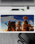 32x16 inches mouse pad showcasing a golden sunset with three brave warriors from Demon Slayer, perfect for adding adventure and heart to your desk.