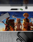 40x20 inches desk pad showcasing a golden sunset and three Demon Slayer warriors, perfect for fans who appreciate friendship and heroic spirit.