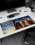 Artistic 36x16 inches desk pad with three warriors from Demon Slayer, radiating camaraderie and adventure against a golden sunset.