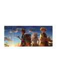 Mouse pad featuring three warriors from Demon Slayer, 28x12 inches, with a golden sunset capturing the spirit of adventure and friendship.