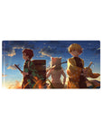 Mouse pad featuring three warriors from Demon Slayer, 32x16 inches, with a golden sunset design radiating friendship and heroism.