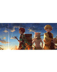 Demon Slayer desk pad with three warriors, 36x16 inches, set against a golden sunset, capturing the warmth and spirit of friendship and heroism.