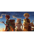 Desk pad featuring three brave warriors from Demon Slayer, 40x20 inches, with a golden sunset radiating warmth and camaraderie, capturing adventure and heroism.