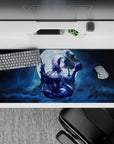 36x16 inches desk pad with Jeanne d'Arc (Alter) from Fate/Grand Order, exuding brooding mystery and dark energy under the full moon, holding a skull.