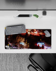 28x12 inches anime mouse pad in crimson and hot orange hangar light, gritty textures, glowing screens.