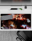 32x16 inches anime mouse pad in crimson and hot orange lighting, scratched metal textures, intense sci-fi vibe.