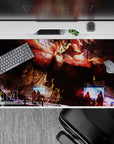 40x20 inches anime desk pad in crimson armor tones with hot orange glow, scratched paint, moody tech.