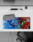 28x12 inches anime mouse pad in icy blue vs crimson heat, loud adrenaline boss-fight energy for gaming.