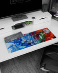 32x12 inches anime mouse pad showing two mecha-style pilots mid-impact, sharp visors and chunky gauntlets.