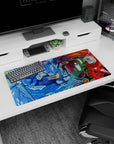 Anime mouse pad 32x16 inches showing two glossy armored fighters mid-impact, sharp visors and chunky gauntlets.