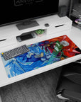 36x16 inches anime desk pad showing two armored pilots colliding mid-impact, sharp visors and chunky gauntlets.