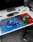Anime desk pad 40x20 inches showing two armored pilots mid-impact, sharp visors and chunky gauntlets.