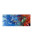 28x12 inches anime mouse pad with two armored pilots clashing, comic outlines and glitchy city backdrop.