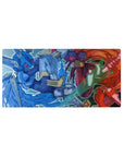 Anime mouse pad 32x16 inches with two armored pilots clashing, comic outlines and glitchy city backdrop.