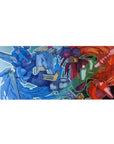 Anime desk pad 36x16 inches with comic-outlined armored pilots clashing over a glitchy city backdrop.