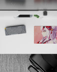 Cozy dreamy anime girl mouse pad 14x10 inches in warm reds, creamy whites, and sweet pink tones.