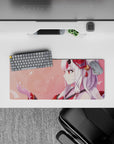 28x12 inches anime girl mouse pad in warm reds and creamy whites for a cozy, dreamy desk vibe.
