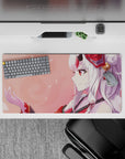 32x16 inches anime girl mouse pad in warm reds, creamy whites, and soft pinks for a cozy dreamy setup.