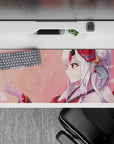 Dreamy pink, warm red and creamy white anime girl desk pad 36x16 inches for cozy gaming.
