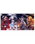 32x16 inches anime girl mouse pad with four heroines in bold split panels, poster-style desk mat.