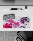 Pastel spring vibe mouse pad 28x12 inches, soft lavender and blush tones, calm flirty anime aesthetic.
