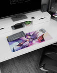 Yuuki anime mouse pad with sword slicing through lavender, pink, and gold sky, size 28x12 inches, vibrant and lively design.