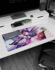 Mouse pad featuring Yuuki from anime, 32x16 inches. Vibrant colors and dynamic sword action in a dreamy sky setting.