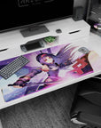 Anime desk pad featuring Yuuki wielding her sword, 40x20 inches. Swirling lavender, radiant pink, and soft gold hues.