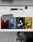 32x12 inches anime girl mouse pad in crimson, icy blue, black-and-gold, and sunny yellow, fierce vibe.