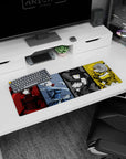 32x12 inches anime girl mouse pad showing four fierce girls: red cloak corset, blue swirl dress, black gloves.