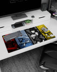 32x16 inches anime girl mouse pad showing four fierce heroines: red cloak corset, blue swirl dress, black ribbon.