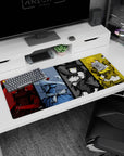36x16 inches anime girl desk pad showing four fierce girls: red cloak corset, blue dress, black ribbon, yellow scarf.