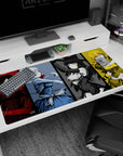 Crimson-cloaked anime girl with laced corset leads four-girl scene desk pad 40x20 inches.