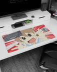 Close-up anime girl mouse pad 32x16 inches, short hair, big sparkling eyes, white top, OK pose.