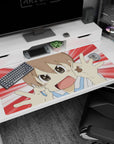 Short-haired anime girl with big sparkling eyes, blush cheeks, and OK signs on 40x20 inches desk pad.