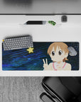 Cute midnight-blue anime mouse pad 32x12 inches with cream, red tie, yellow star, and happy vibes.
