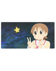 Anime girl mouse pad 32x16 inches with sailor top, red tie, peace signs, and starry midnight backdrop.