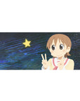 Anime girl desk pad 36x16 inches with double peace sign, sailor top, star, and midnight-blue backdrop.
