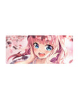 28x12 inches anime girl mouse pad with pink-haired sweetheart, blue eyes, and cherry blossom petals.