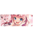 32x12 inches anime girl mouse pad with pink-haired sweetheart, blue eyes, and cherry blossom petals.